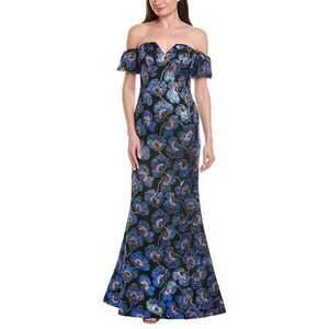 Rene Ruiz Womens Off-The-Shoulder Printed Mikado Column Gown, Navy